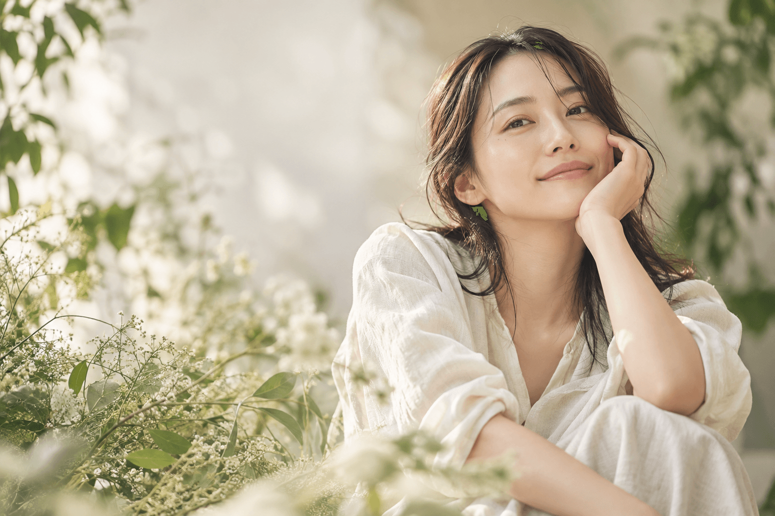 草花を背景にした女性のポートレート